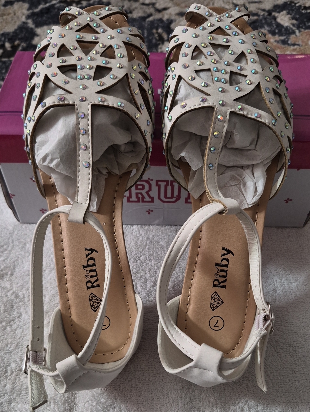 White Crystal-Embellished Cutout T-Strap Heels